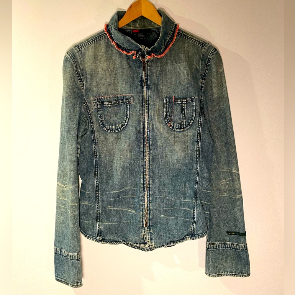 Diesel Denim Zip front Shirt with Pink Stitch Details